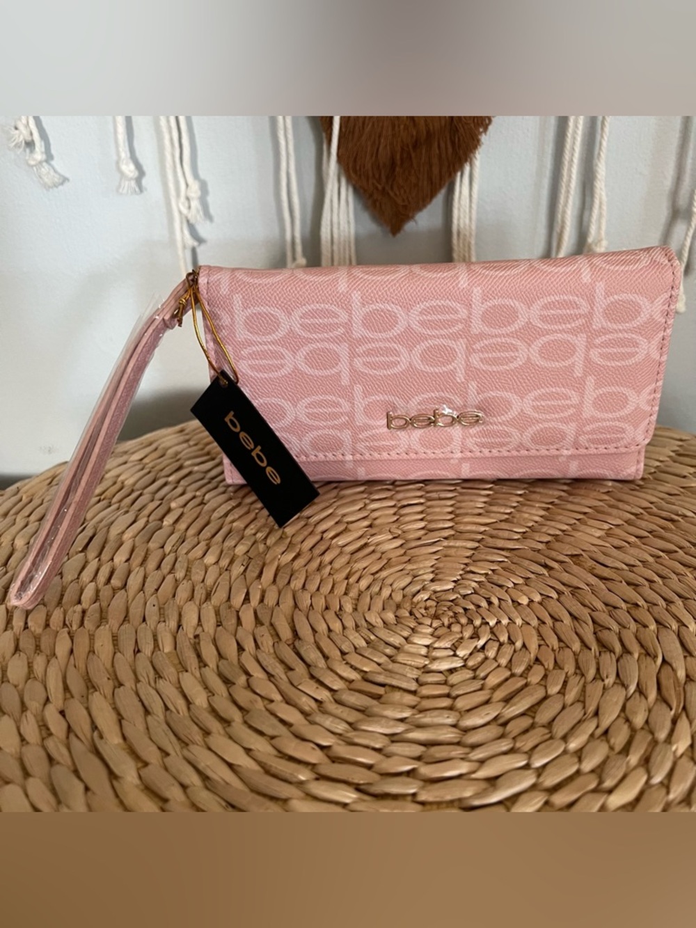 bebe Pink Monogram Wristlet Clutch with Gold-Tone Logo